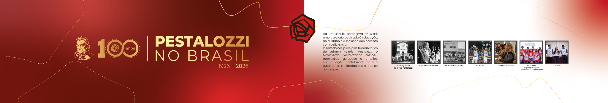 Painel de abertura da exposição 100 Anos de Pestalozzi no Brasil, 1926 a 2026.