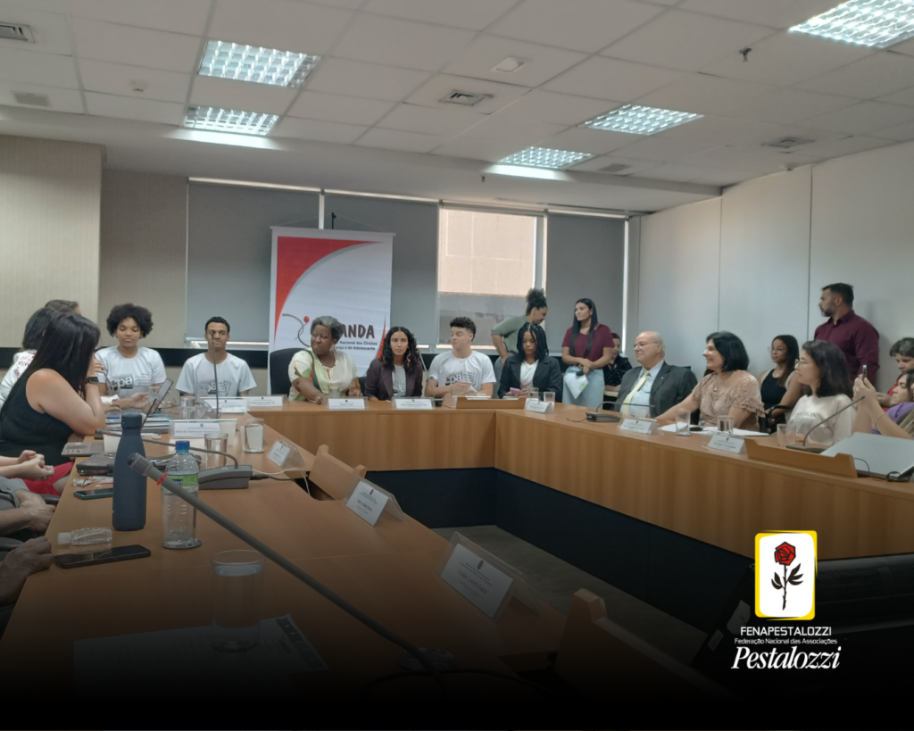 Foto em plano geral dos conselheiros do Conanda em discussão. As pessoas estão sentaras diante de uma mesa de cor clara, formato de U. Ao fundo, a atual ministra de Estado do Ministério dos Direitos Humanos e Cidadania, Macaré Evaristo. Ela é uma mulher negra, de cabelos curtos, grisalhos, que veste uma roupa com estampas abstratas em tons de verde. Ao fundo da cena, há um banner com a Marca e insígnia do Conanda. Na parte inferior à direita, a marca institucional da Fenapestalozzi.