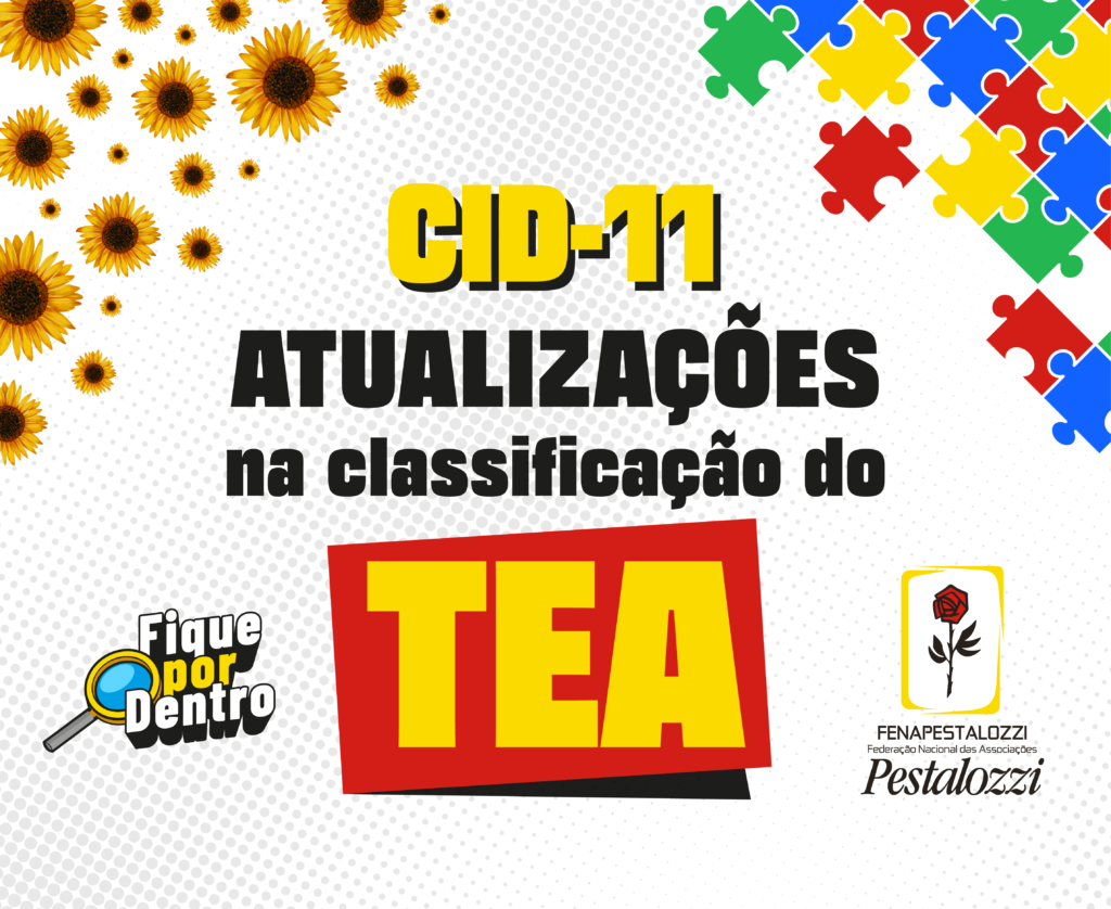 Card em cor branca predominante, bolinhas em cor cinza e texto alternativo. Na parte superior esquerda há folhas de girassóis em tamanhos diferentes. Na parte superior direita, há o encaixe de quebra-cabeças de cores diferentes. Na parte central há os seguintes textos: "CID-11", na cor amarela. Abaixo, na cor preta: "atualizações da classificação do TEA", esta última palavra está dentro de um retângulo vermelho. No canto inferior esquerdo, há a marca "Fique por dentro", junto ao desenho de uma lupa de cor amarela. No canto inferior direito, há a assinatura da Fenapestalozzi: botão de roseira vermelha com caule, espinhos e folhas na cor preta. Este está envolvido em uma moldura amarela com fundo branco.