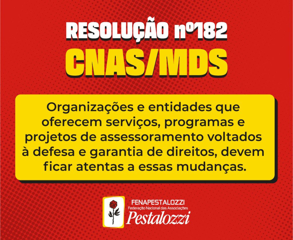 Card: Fundo vermelho com detalhes de pequenos círculos vermelhos. Na parte superior centralizado o título na cor branca e amarela: "Resolução nº 182 CNAS/MDS" . Abaixo na parte central sobre um retângulo amarelo o texto na cor preta “Organizações e entidades que oferecem serviços, programas e projetos de assessoramento voltados à defesa e garantia de direitos, devem ficar atentas a essas mudanças.” Assina a arte o logotipo da Fenapestalozzi centralizado (roseira vermelha com caule e folhas pretas, fundo branco com molduras amarelas)