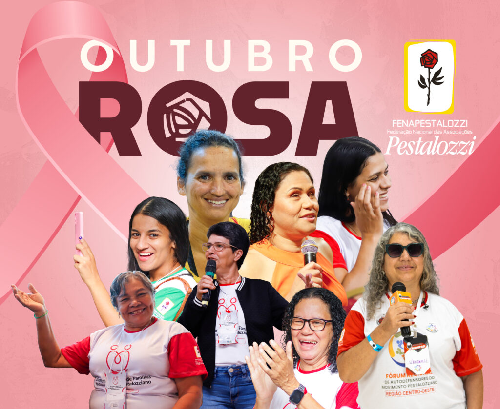 um cartaz vertical para o "Outubro Rosa", com um fundo rosa vibrante e um grande laço rosa (símbolo do Outubro Rosa) estilizado na parte superior. No topo da imagem, há o texto "OUTUBRO" em branco e "ROSA" em um tom mais escuro de rosa com um detalhe de rosa estilizada dentro do "O". No centro da imagem, há uma montagem de sete fotografias de mulheres, de diferentes idades e etnias, sobrepostas ao fundo rosa. Todas estão sorrindo ou em atitude de interação: No topo: Uma mulher de cabelo escuro preso, sorrindo. Abaixo dela: Uma mulher de cabelo curto escuro e óculos, com um microfone na mão. À esquerda: Uma mulher loira com óculos de sol, segurando um microfone e vestindo uma camiseta com o logotipo "FÓRUM REGIONAL...". Ao centro: Uma mulher jovem com cabelo escuro comprido, sorrindo. Abaixo e ao centro: Uma mulher de cabelo escuro e encaracolado, com óculos, sorrindo e batendo palmas. Mais à direita: Uma mulher sorrindo e segurando um microfone, com cabelo escuro. No canto inferior direito: Uma mulher de cabelo escuro, com microfone na mão e vestindo uma blusa laranja. Na parte inferior da imagem, em texto cinza escuro, está a descrição: "Os desafios enfrentados por mulheres com deficiência intelectual e múltipla no diagnóstico e prevenção do câncer de mama e do colo do útero.". As palavras "mulheres com deficiência intelectual e múltipla", "diagnóstico", "prevenção", "câncer de mama" e "colo do útero" estão em negrito. Abaixo da descrição, há o logotipo da Fenapestalozzi: um fundo amarelo dourado com uma rosa vermelha estilizada e o nome "FENAPESTALOZZI Federação Nacional das Associações Pestalozzi" em preto.