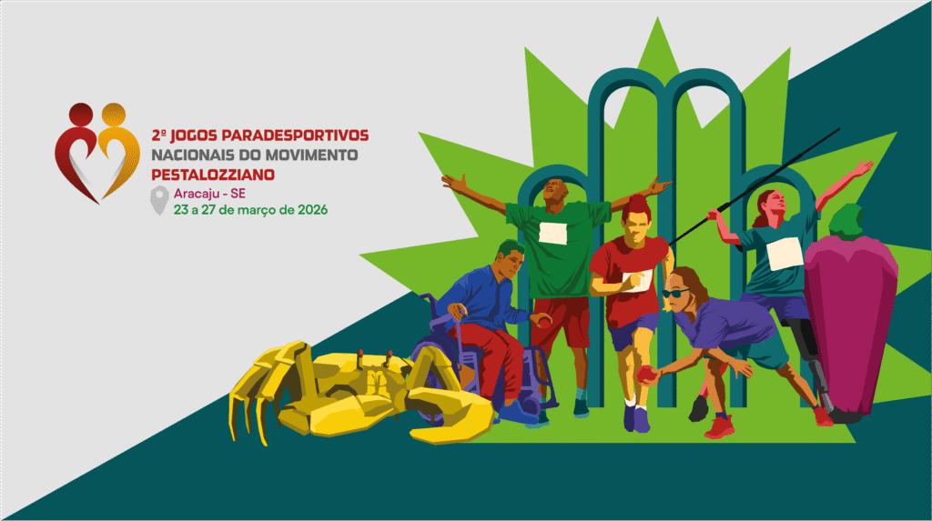 Banner horizontal com fundo cinza claro e detalhes em tons de verde. À esquerda, o logotipo do Movimento Pestalozziano (dois bonecos estilizados que formam um coração) acima do texto: "2º JOGOS PARADESPORTIVOS NACIONAIS DO MOVIMENTO PESTALOZZIANO", seguido pela localização "Aracaju - SE" e a data "23 a 27 de março de 2026". À direita, uma ilustração vibrante e estilizada mostra seis atletas com diferentes deficiências em ação: um homem em cadeira de rodas, um corredor, um arremessador de peso, uma lançadora de dardo e outros esportistas em poses de celebração e competição. Os atletas vestem uniformes coloridos em tons de azul, verde e vermelho. À frente deles, há a ilustração de um grande caranguejo amarelo (símbolo cultural de Aracaju). Ao fundo dos atletas, formas geométricas verdes que lembram uma coroa ou arcos monumentais completam a composição.