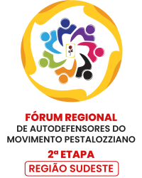 Marca do monpad com um arco de cora amarela ao redor. Fórum Regional de Autodefensores do Movimento Pestalozziano 2ª etapa. Região sudeste.